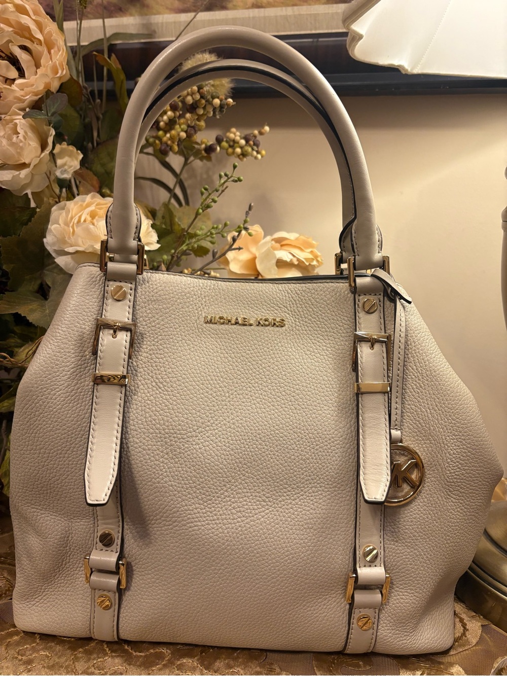 Michael Kors Pebbled Leather Satchel in Light Gray Cream